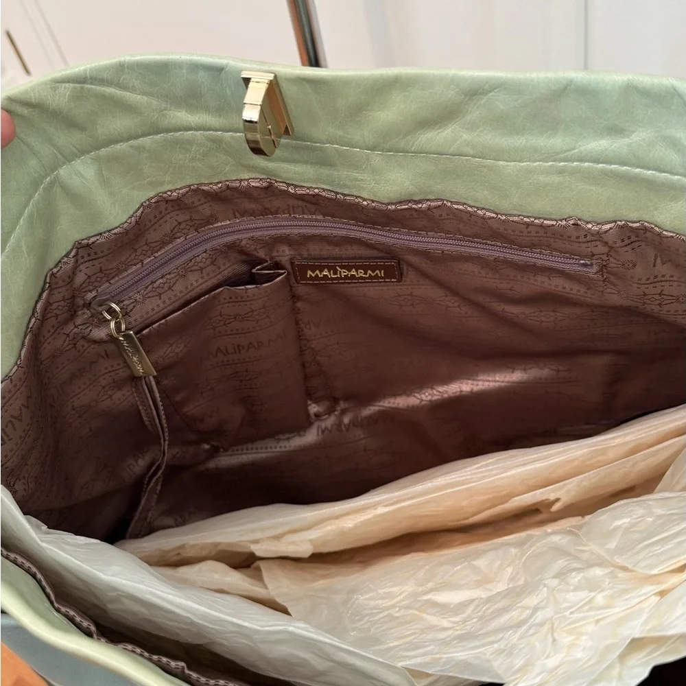 Maliparmi Tricolor Leather Tote in Mint, Sage and Dark Green with Brown Straps